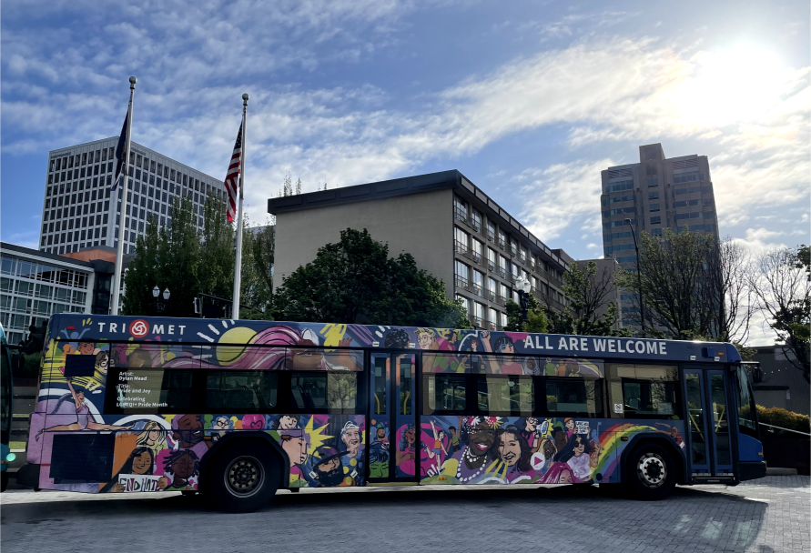 View of TriMet bus outside of Oregon Convention Center during APTA Mobility 2024