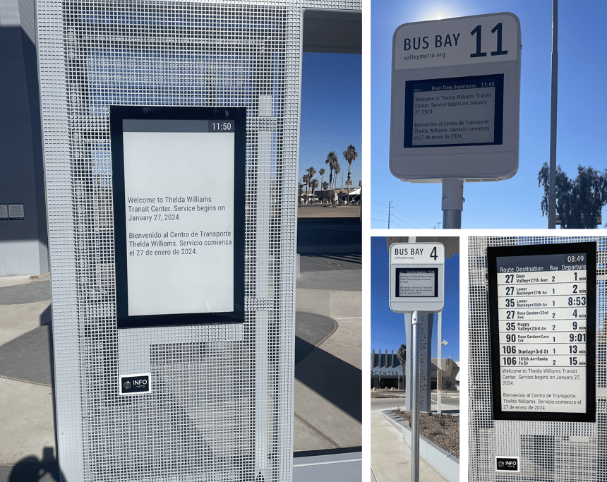 Thelda Williams Transit Center with Valley Metro real-time passenger displays in Phoenix, Arizona.